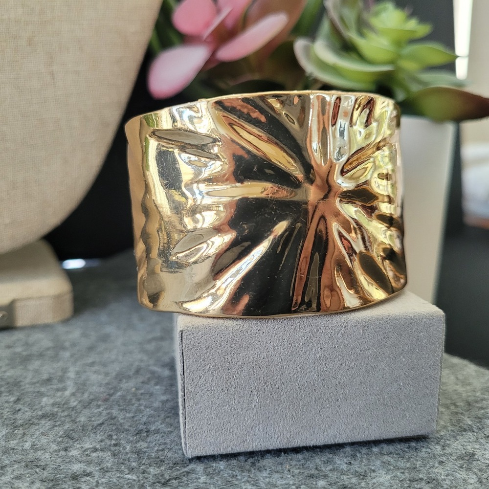 Gold Tone Wide Statement Cuff Bracelet Sculptural Modernist 6.5"